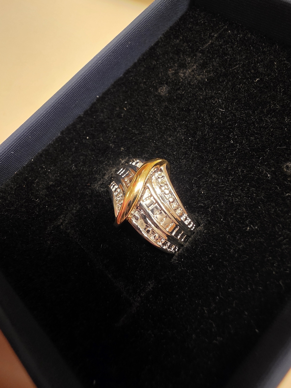 Two-Tone Baguette & Round Crystal Crossover Wide Band Statement Ring Size 7